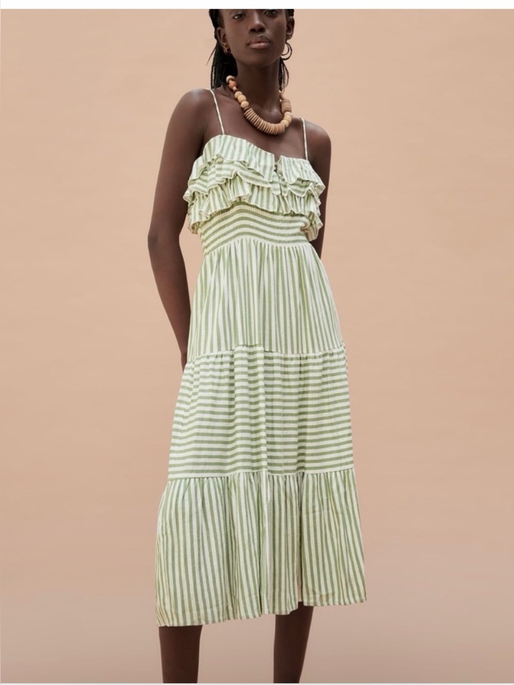 Striped Ruffle Midi Dress in Light Green